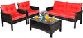 Tangkula 4 Piece Patio Furniture Set, Outdoor Wicker Conversation Set with Glass Top Coffee Table, All Weather Proof and Thick Cushions, Suitable for Porch, Garden, Poolside and Lawn (Red)
