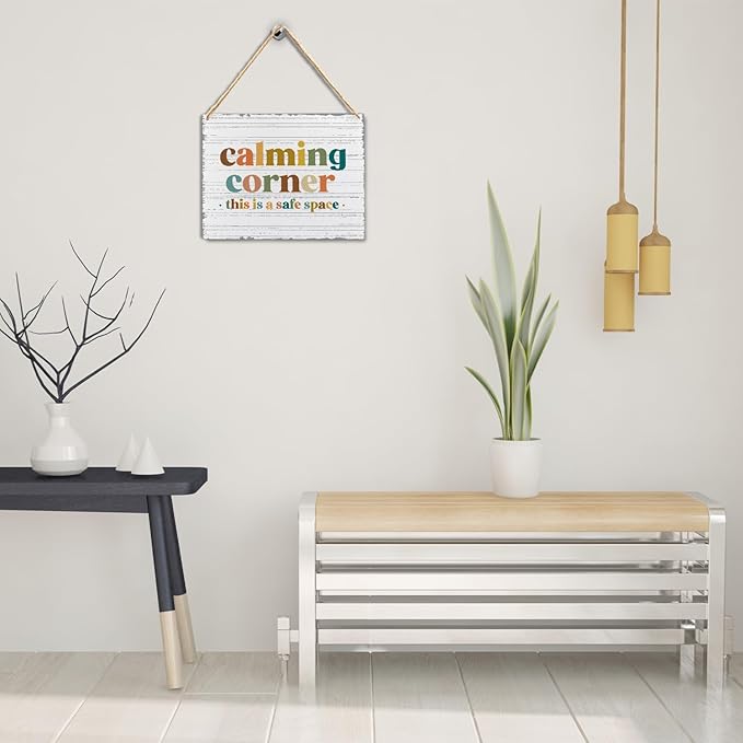 Absnfatu Calming Corner Hanging Wood Sign - Safe Space Classroom, School Counselor's Office, Calm Down Corner Decor - Boho Style, 10x8