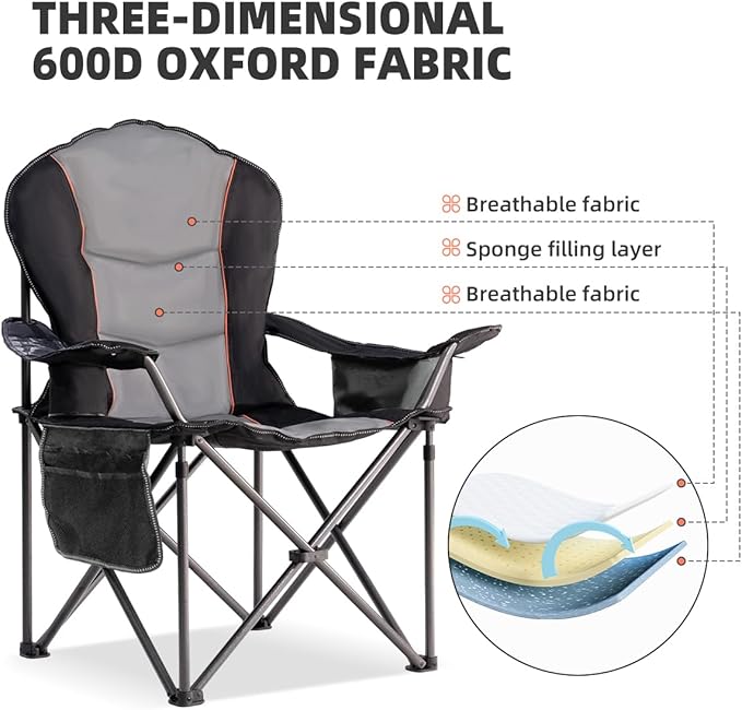 Foristrail Large Camping Chair with Side Table Heavy Duty 500LBS - Folding Outdoor Chair with Cooler Bag (Black & Gray, 1 PCS)