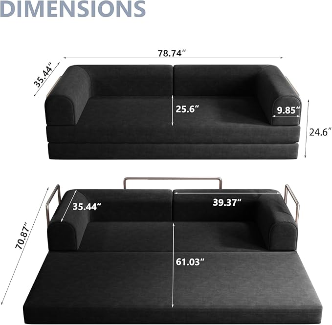 Convertible Sleeper Sofa Bed Boneless Cloud Comfort Black Futon Couch for Lounging & Sleeping, Removable & Washable Corduroy Sofa Cover, Floor Sofa Folding Mattress for Guests, Small Spaces