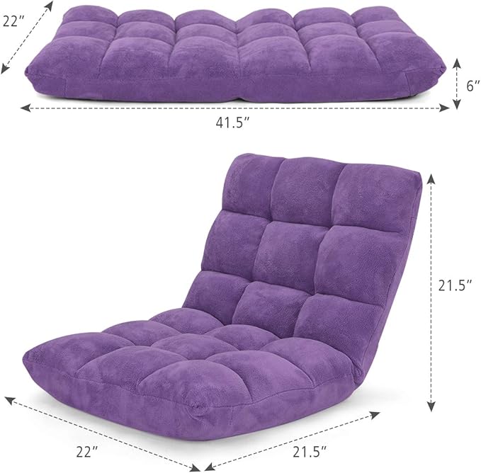 GOFLAME 14-Position Folding Floor Chair, Padded Gaming Lazy Sofa Chair with Adjustable Backrest, Couch Recliner, Sleeper Bed Lounge Chair for Reading, Gaming, Meditating (Purple)