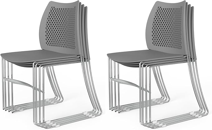 VINGLI Stacking Chairs Set of 8 Stackable Office Chairs with Metal Sled Base, Ergonomic Plastic Seat & Holes Back, Stacking Chairs for Waiting Room Break Room Banquet Guest, Grey