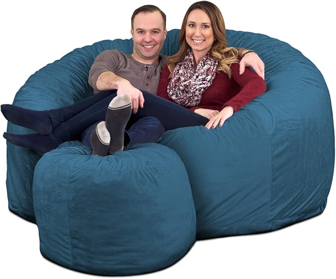 Ultimate Sack 6000 6-Foot Bean Bag Chair with Footstool, Cloud Suede Cover – Oversized Foam Lounger, Floor Seat, Small Sofa, or Couch Bed for Living Area, Gaming Room, or Reading Lounge