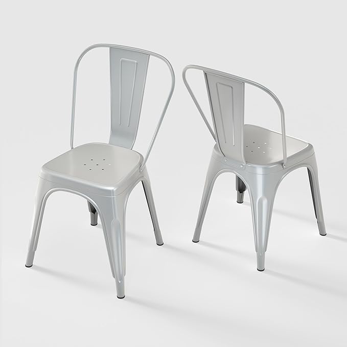Metal Dining Chairs Set of 2,Stackable Tolix Chair Indoor/Outdoor for Kitchen,Cafe,Restaurant,Bistro & Patio Multiple Colors(Silver)