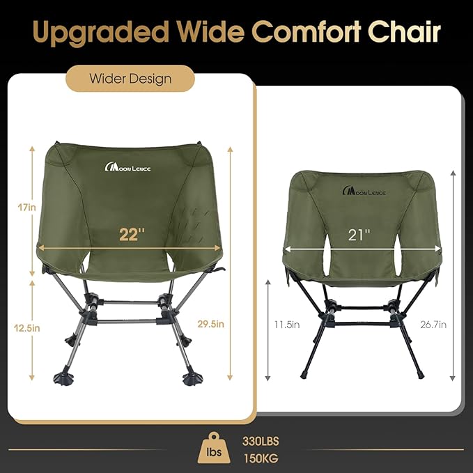 MOON LENCE Camping Chair Plus, Upgraded Comfort & Size, Still Compact and Lightweight, Folding Portable Chair for Backpacking & Hiking, 400Lbs Capacity, Gen 3 Plus (Green with Groundgrip Feet (Plus))