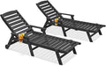 HDPE Patio Lounge Chair Set of 2, 78.4'' Outdoor Poly Lounge Chairs, 5-Position Adjustable Outdoor Lounger with Wheels & Cup Holder, HDPE Patio Chaise Lounges for Deck, Beach, Obsidian