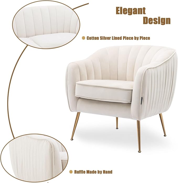 Altrobene Velvet Accent Chair, Modern Barrel Chair, Living Room Bedroom Arm Chairs, Golden Finished, Beige