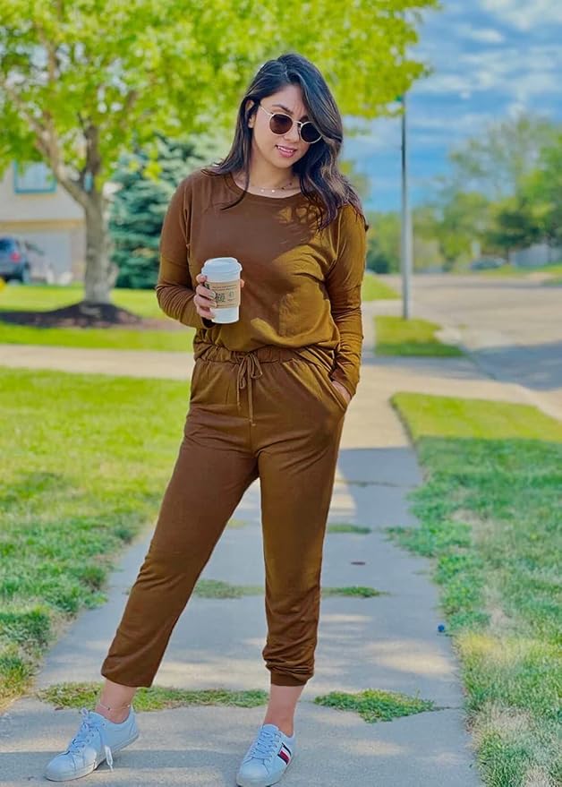 PRETTYGARDEN Women Fall 2 Piece Lounge Outfit Long Sleeve Tops High Waisted Jogger Pants Set Spring Travel Clothes Tracksuit