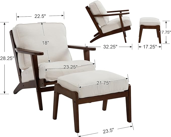 chairus Mid-Century Modern Accent Chairs with Ottoman Set of 2 Linen Fabric Upholstered Living Room Chairs for Bedroom Reading Room Lounge with Arm & Solid Wood Frame, Fabric Beige