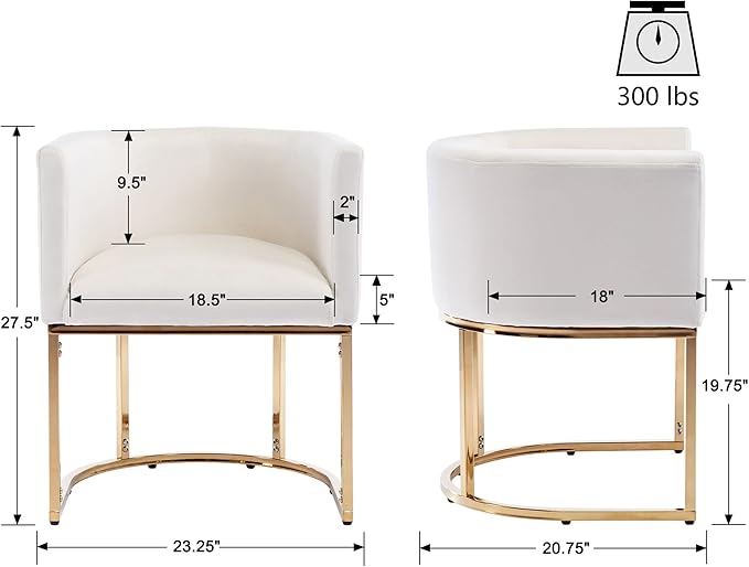 VESCASA Velvet Upholstered Dining Chair with Barrel Back, Mid Century Modern Padded Restaurant Chair with Gold Metal Frame for Kitchen, Dining Room, 1 Piece, White