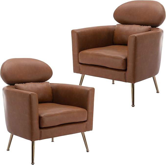 DM Furniture Brown Leather Accent Chairs Set of 2, PU Upholstered Living Room Chair Mid Century Modern Couch Arm Chairs Comfy Side Chair w/Gold Legs for Bedroom/Lounge/Reading