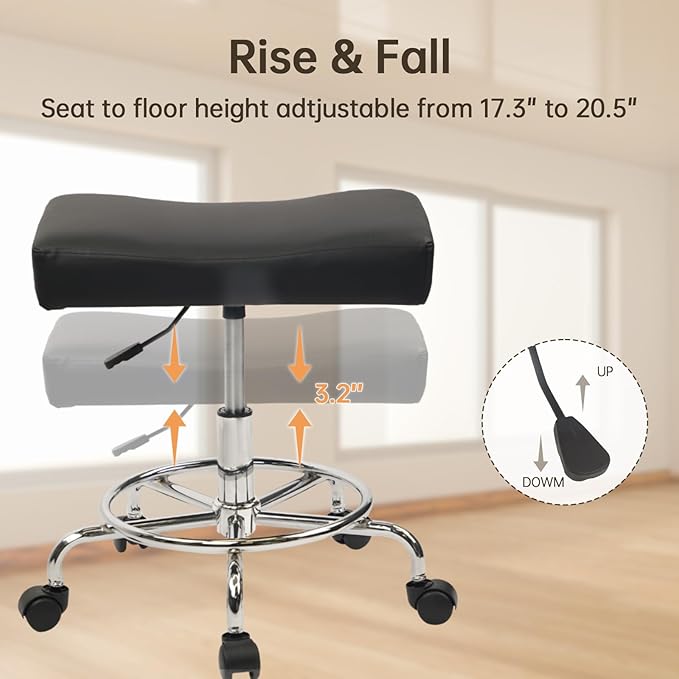 Heavy Duty, Extra Wide Rolling Stool PU Leather Thickened Seat Cushion with Foot Rest Adjustable Height Swivel with Wheels for Spa Salon Tattoo Work Massage Barstool, Black, 4 Pack