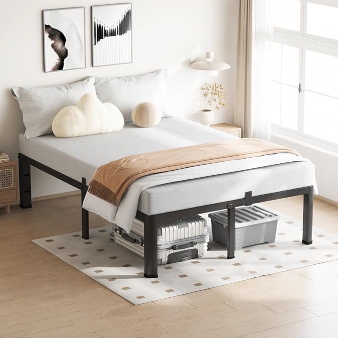 VIPSHOW 18 Inch Full Size Bed Frame, 3500Lbs Heavy Duty Metal Platform with Round Corner Legs Mattress Slide Stopper, Steel Slat Support No Box Spring Needed, Noise Free, Non-Slip, Easy Assembly