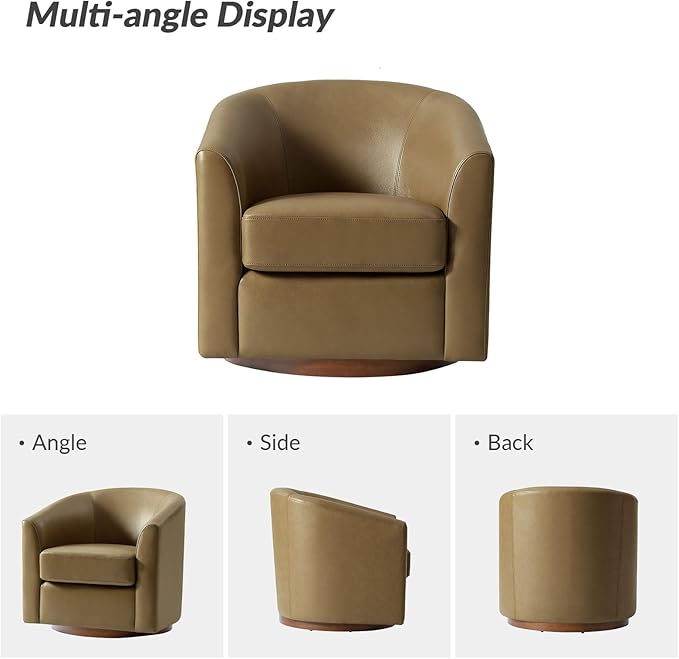 HULALA HOME Genuine Leather Swivel Accent Chair with Solid Wood Base, Round Swivel Barrel Chair for Living Room and Bedroom, Taupe