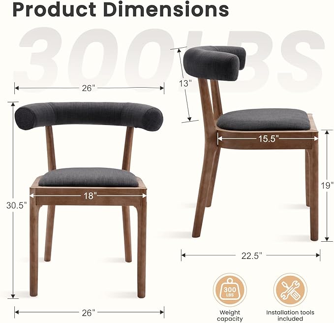 Kmax Dining Room Chairs Mid-Century Modern Fabric Kitchen Chairs with Natural Walnut Finished Frame, Linen Curved Back, Set of 6, Charcoal Black