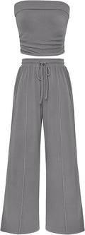 PRETTYGARDEN Womens Summer Outfits 2 Piece Sets Casual Ribbed Knit Crop Tube Top Wide Leg Pants Spring Matching Lounge Set