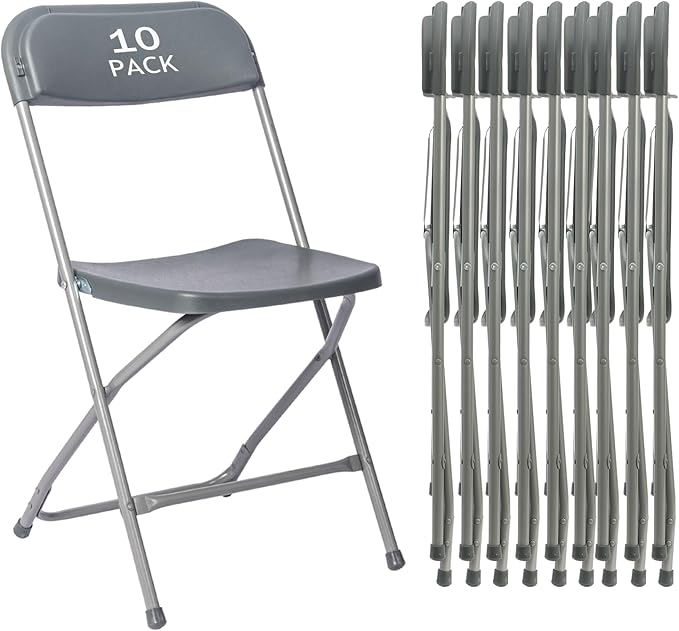 10 Pack Gary Plastic Folding Chair, Indoor Outdoor Portable Stackable Commercial Seat with Steel Frame 350lb. Capacity for Events Office Wedding Party Picnic Kitchen Dining