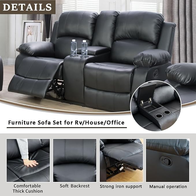AYCP Bonded Leather Living Room Furniture Set Reclining Sofa Set Loveseat Furniture Sets in Living Room Sofa Recliners (Loveseat, Black)