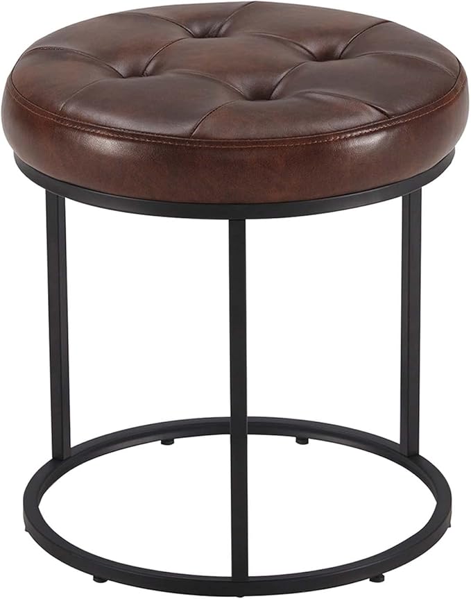 DUHOME Faux Leather Ottoman Stool, Vanity Chair Button Tufted Footrest Stool Makeup Stool with Metal Base for Living Room Bedroom, Dark Brown