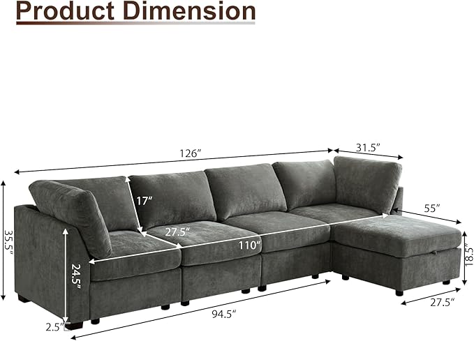 EDILLY 122 inches Oversized Modular Sectional Fabric Cloud Sofa, Extra Large L Shaped Couch Reversible Chaise Couch,4 Seat Modular Sofa with Storage Ottoman, Linen Grey