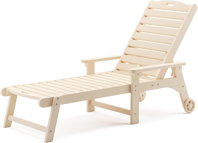 LUE BONA Outdoor Chaise Lounge, HDPS Chaise Lounger, 5 Positions Adjustable Lounge Chairs, Pool Lounge Chair with Wheels for Poolside, Backyard, Sand