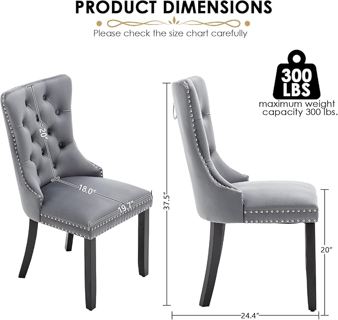 Kiztir Velvet Dining Chairs Set of 6, Upholstered Dining Room Chairs with Ring Pull Trim and Button Back, Luxury Tufted Dining Chairs for Living Room, Bedroom, Kitchen (Grey)