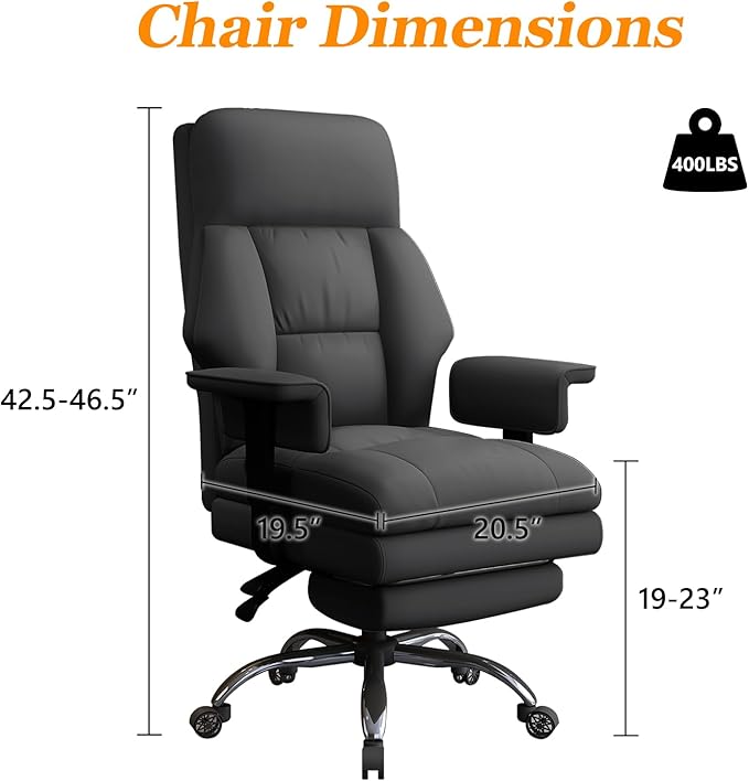 WXJHL Office Chair with Leg Rest, Leather High Back Executive Office Chair with Wheels, Ergonomic Desk Chairs with Lumbar Support for Home Office, Black