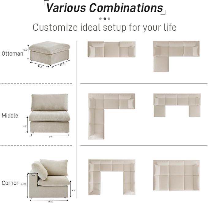 120.45" Cloud Modular Sectional Sofa with Storage Ottoman, L Shaped Minimalist Convertible Couch Deep Seat Sofa for Living Room Sofa Sets-Khaki