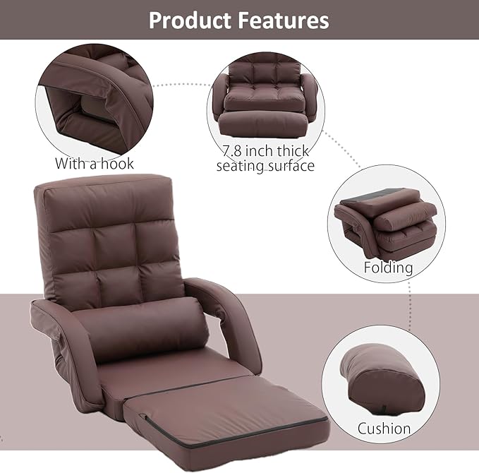 FLOGUOR 14-Position Adjustable Floor Chair, Chaise Lounge Indoor, Folding Lazy Sofa with Armrests and a Pillow Padded Adults Gaming Chairs for Living Room, Bedroom Factory Price,8803 (Coffee(PU))