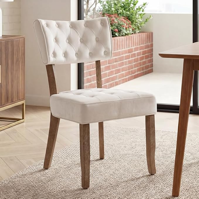 UVV Upholstered Dining Chairs Set of 4, Mid Century Modern Tufted Kitchen Chairs Dining Room Chairs, Velvet Dinner Chair with Wood Legs for Dining Room Kitchen, Beige