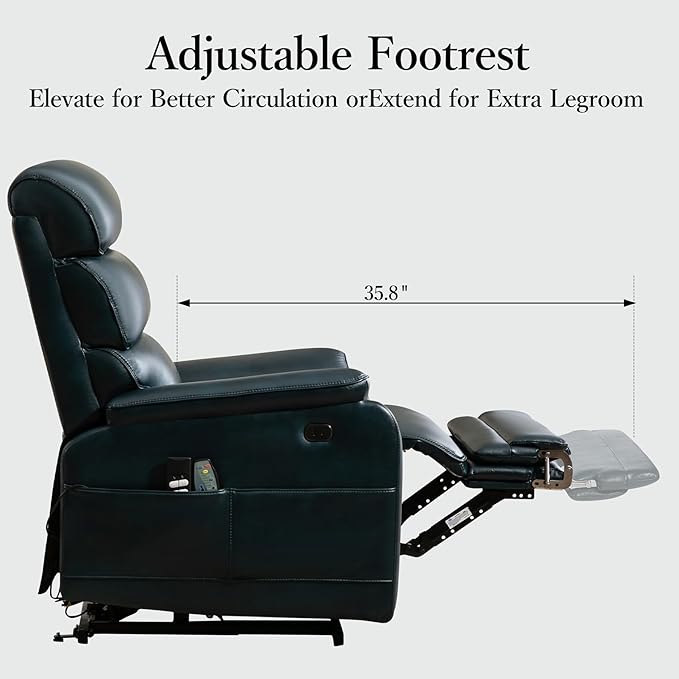 Power Lift Recliner Chair, Big Tall Man Lay Flat Ergonomic Lounge with Extended Footrest for Elderly People, Single Sofa Heat & Massage. Home Theater Seat, USB&Type-C Port (PU Leather, Blue)