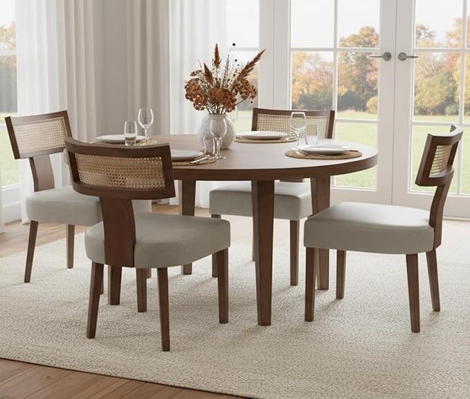 RIVOVA Modern Dining Chairs, Set of 4 - Rattan Back, Pu Leather Upholstered, Kitchen Chairs with Solid Wood Frame, Grey