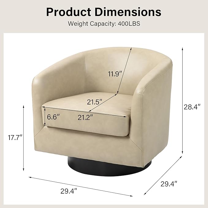 Swivel Barrel Chair, Modern Round PU Leather Accent Armchair for Living Room, Bedroom, Oversized Comfy Club Reading Chairs for Adults (Leather Cream, Set of 1)
