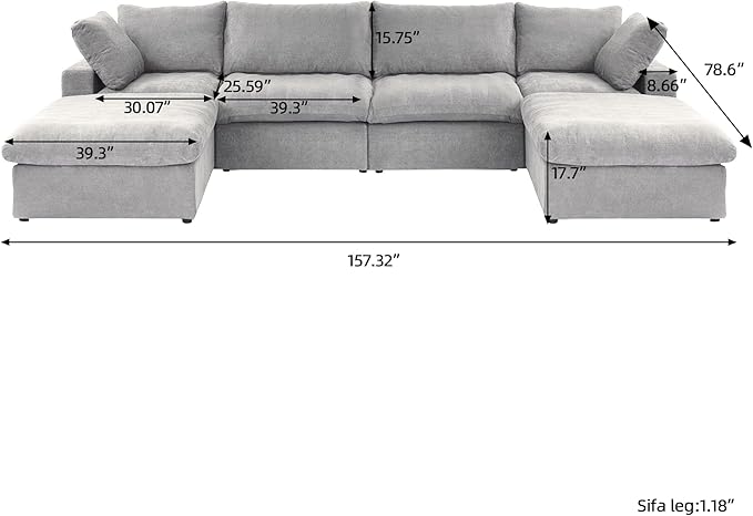 U-Shaped Cloud Sectional Couch, Oversize Modular Sofa, Modern Comfy Cloud Sofa with Storage Ottomans, Covers Removable, Convertible Sleeper Couch for Living Room Apartment (Light Grey, Linen Fabric)