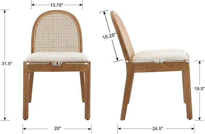 DUOMAY Mid-Century Modern Rattan Dining Chairs Set of 8, Wooden Dining Room Chair with Cane Backrest and Padded Seat, Sherpa Upholstered Dining Chair, Natural Finish, White