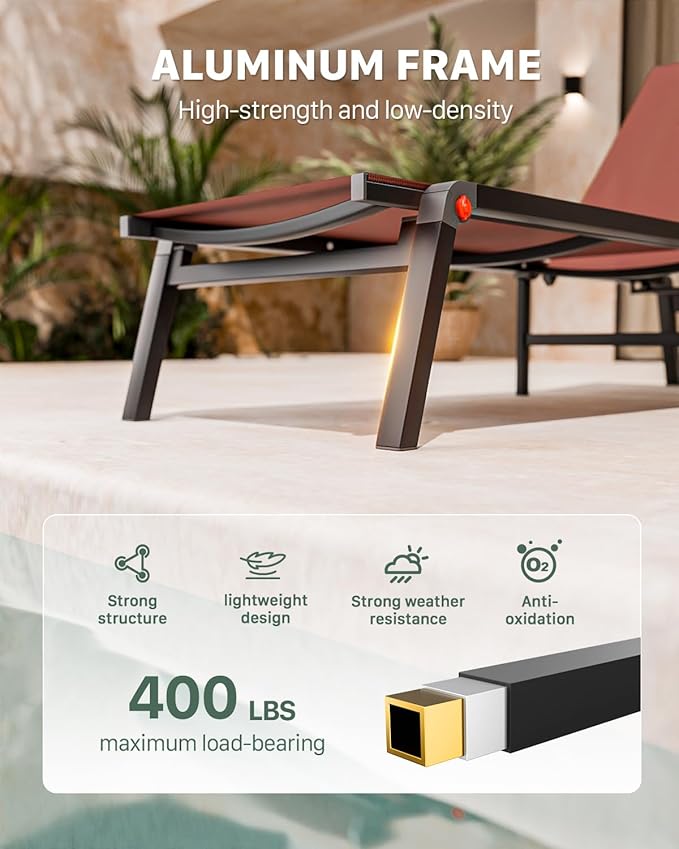 WOAJNQO Aluminum Patio Chaise Lounge Chair Set of 2 with Side Table,5-Position Adjustable Backrest,Foldable Lounge Chair Outdoor,Pool Lounge Chairs for Poolside,Lawn,Deck,Beach (Brown, 2 Pack+Table)