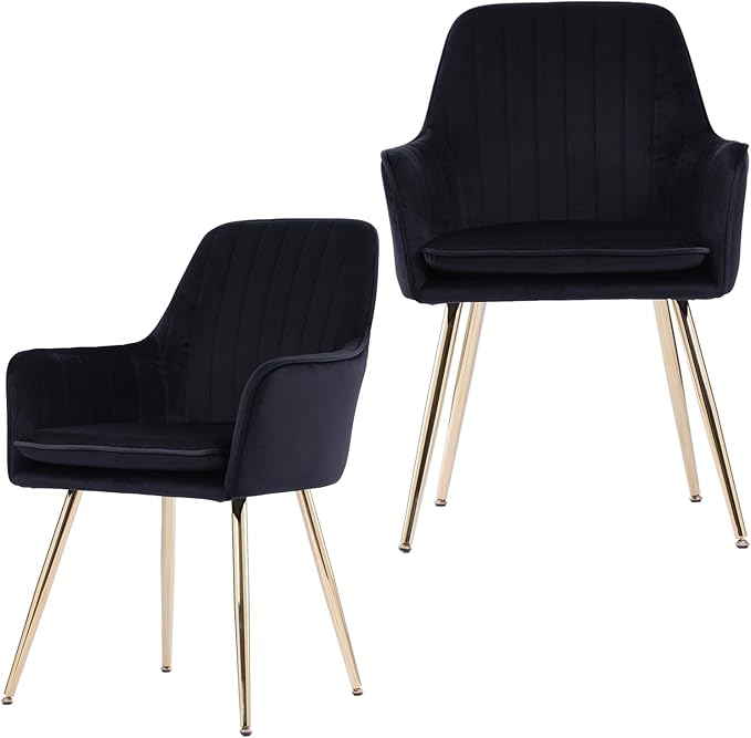 Purgreen Velvet Dining Chair Set of 2 - Modern Mid-Back Accent Chair with Gold Plating Legs - Comfy Upholstered Chair for Living Room，Restaurant & Reception Room (Velvet Black, Set of 2)