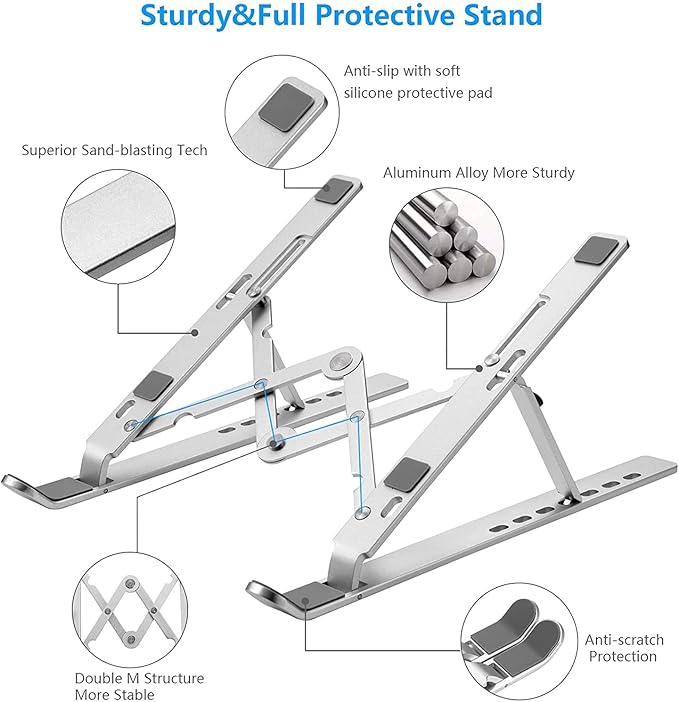 Laptop Stand for Desk, Ergonomic Design Adjustable Aluminum Foldable Portable Computer Stand, Compatible with MacBook Air Pro, HP, Lenovo, Dell, More 10-15.6”Inch and Tablets (Silver)