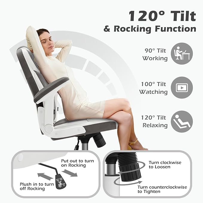SEATZONE Office Chair Linen Fabric Ergonomic Executive Computer Desk Chairs Small Cute Rolling Task Chairs for Teens&Adults,Gray