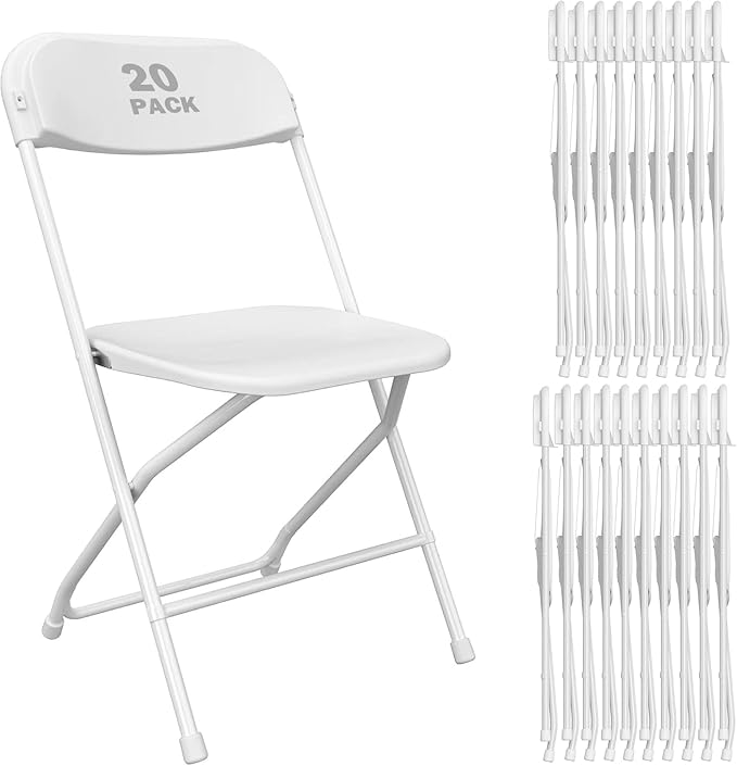 20 Pack White Plastic Folding Chair, Indoor Outdoor Portable Stackable Commercial Seat with Steel Frame 350lb. Capacity for Events Office Wedding Party Picnic Kitchen Dining