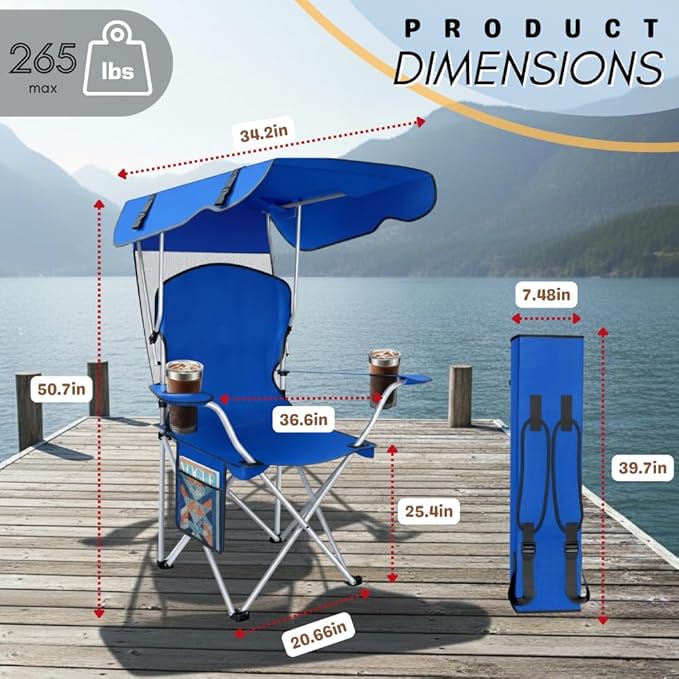 CozyBox Portable Folding Camping Chairs with Canopy Shade, Beach Chair for Adults, Durable Weather Resistant 600D Oxford Cloth, Camping Chair with Canopy for Outdoors [Blue-2 Pack]