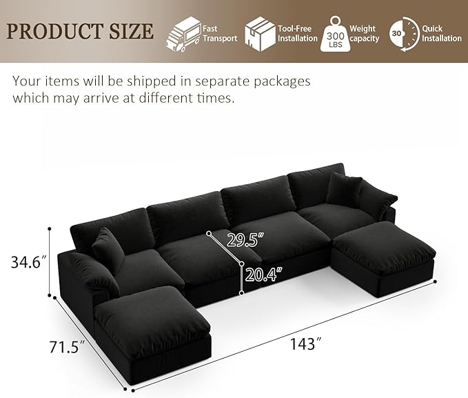 Forest aesthetics Modern Modular Sectional Sofa U-Shaped 6-Seat with Ottoman,Black-Extra Comfty Deep Seat Couch for Living Room,Apartment,Office & Small Spaces