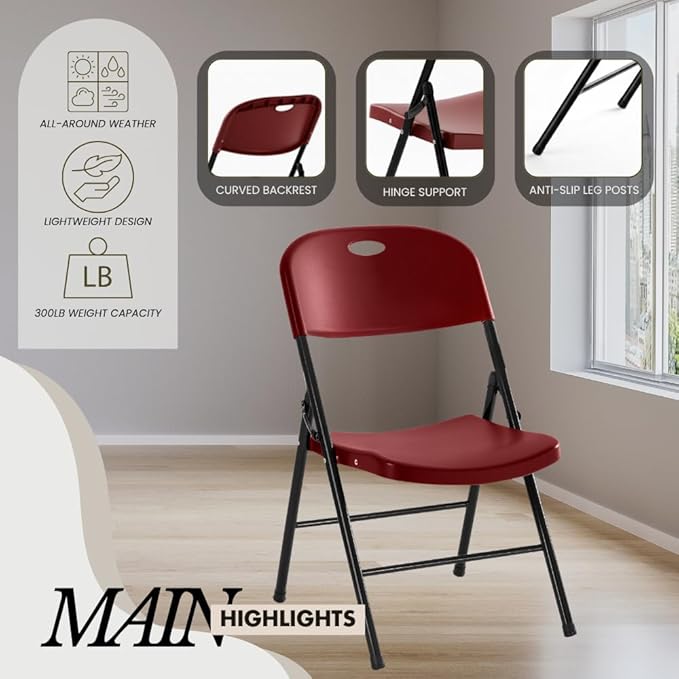 Amazing for less 1-Pack Heavy Duty Plastic Folding Chair, 450 lbs Capacity Foldable Chairs for Indoor Outdoor, Stackable Portable Seating for Party, Wedding, Patio, Backyard, Office (Red)