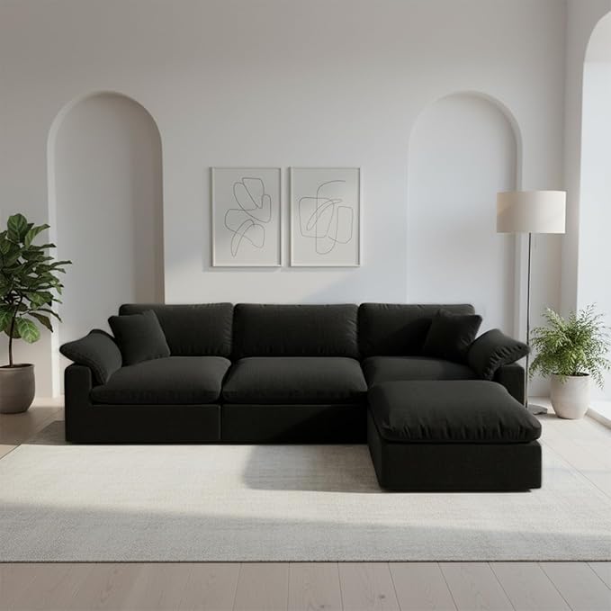 Forest aesthetics Modular Sectional Sofa Cloud Couch,Down Filled Comfy Cloud Modern Sofa,Black Linen L Shape Oversized Couch Cushion Covers Removable Furniture for Living Room