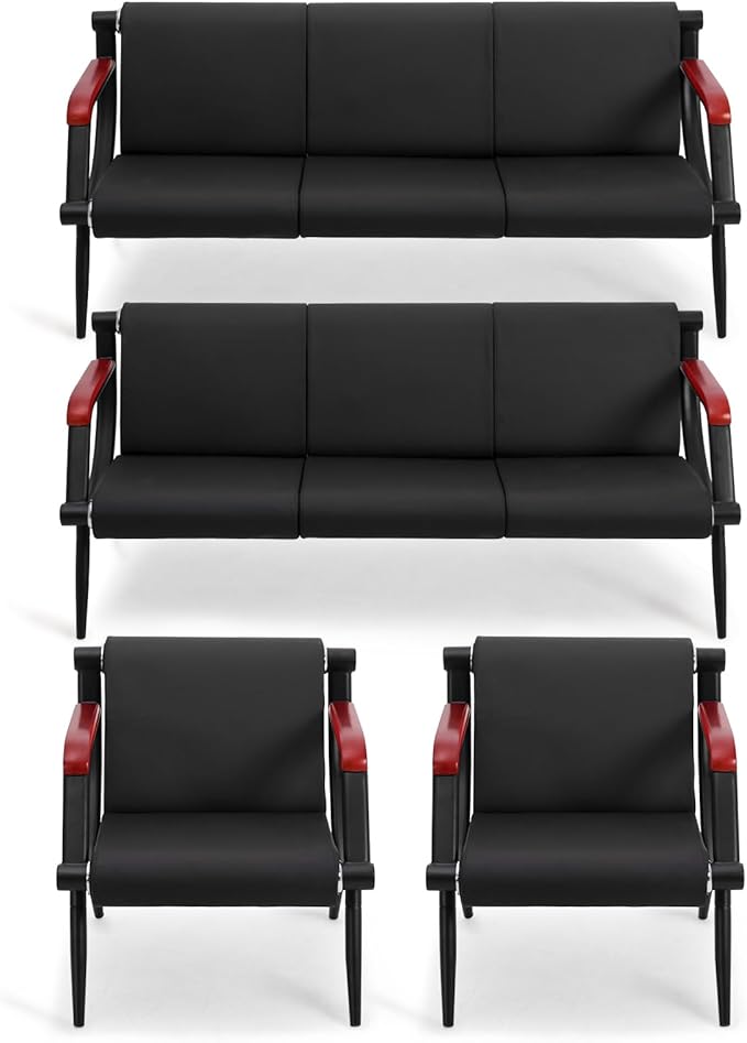 wonline Waiting Room Chairs Bench, Office Furniture Reception Chairs with Arms, Leather Chairs is Suitable for Clinic,Airport,Hospital,Barber,Salon,Bank Black-(2 * 1 seat&2 * 3 seat,4pcs)