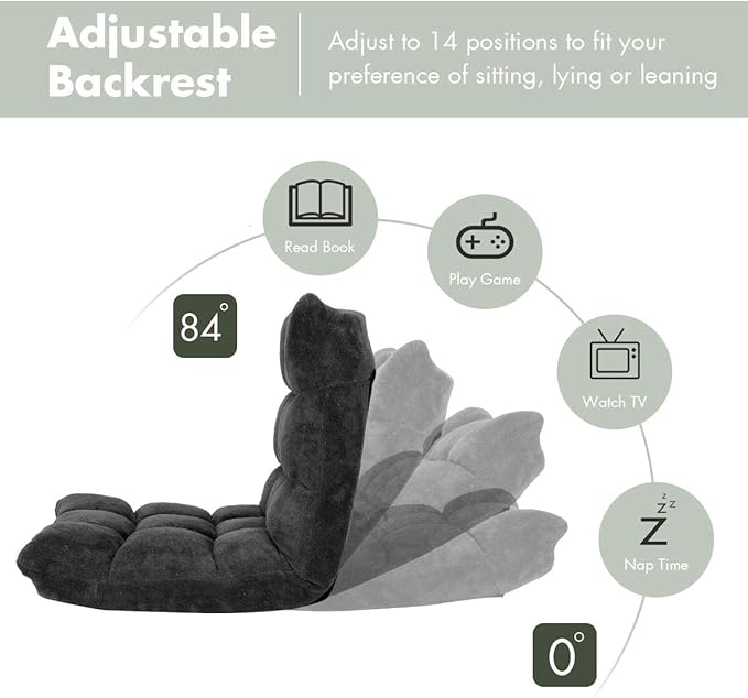 S AFSTAR Cushioned Floor Chair, 14-Position Adjustable Padded Lazy Recliner with Comfortable Back Support and Skin-Friendly Cover, Great for Reading, Playing Game, Meditating (Mysterious Black)