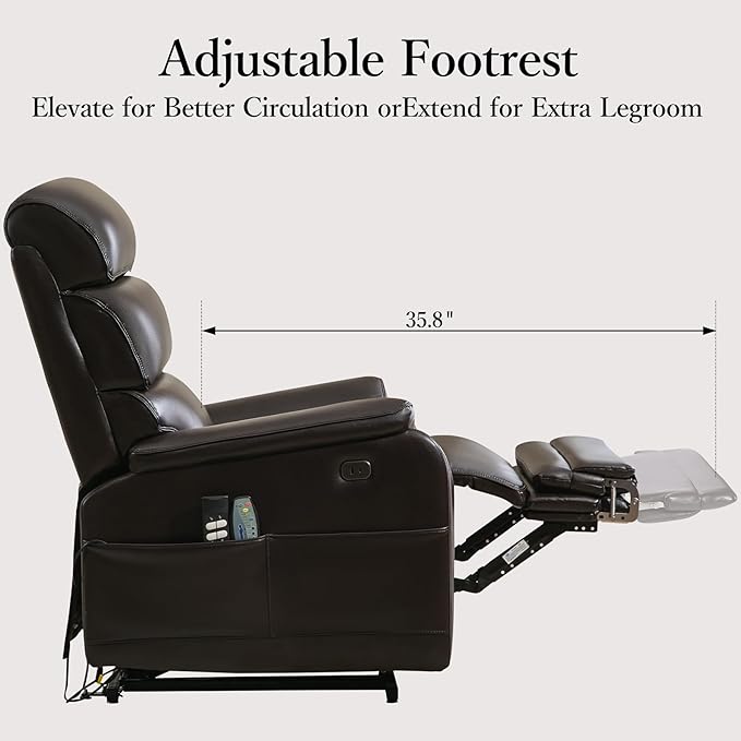Power Lift Recliner Chair, Big Tall Man Lay Flat Ergonomic Lounge with Extended Footrest for Elderly People, Single Sofa Heat & Massage. Home Theater Seat, USB&Type-C Port (PU Leather, Reddish Brown)