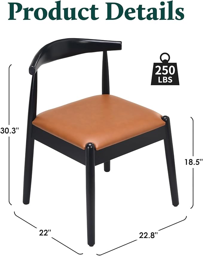 Farini Mid Century Modern Dining Chairs Set of 4, Solid Wood Frame Kitchen Chairs with PU Leather Upholstered Seat for Dining Room & Breakfast Nook,Black-Whiskey Brown