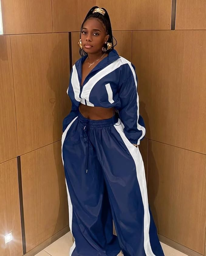 Women Striped 2 Piece Outfits Fall Workout Sets Windbreaker Tracksuit Crop Jacket Wide Leg Pants with Pockets