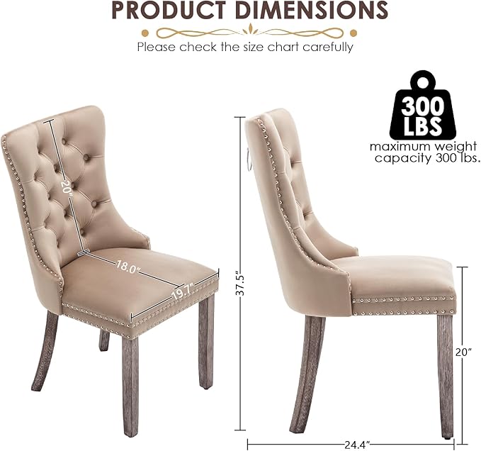 Kiztir Velvet Dining Chairs Set of 2, Upholstered Dining Chairs with Ring Pull Trim and Button Back, Luxury Tufted Dining Chair for Living Room, Bedroom, Kitchen (Khaki)